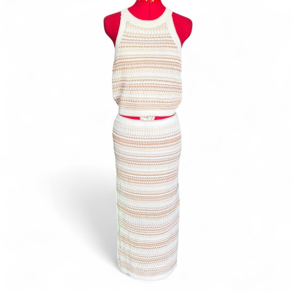 Rachel Zoe Boho Striped Knit Racerback Top and Midi Skirt Set Cream Beige Medium